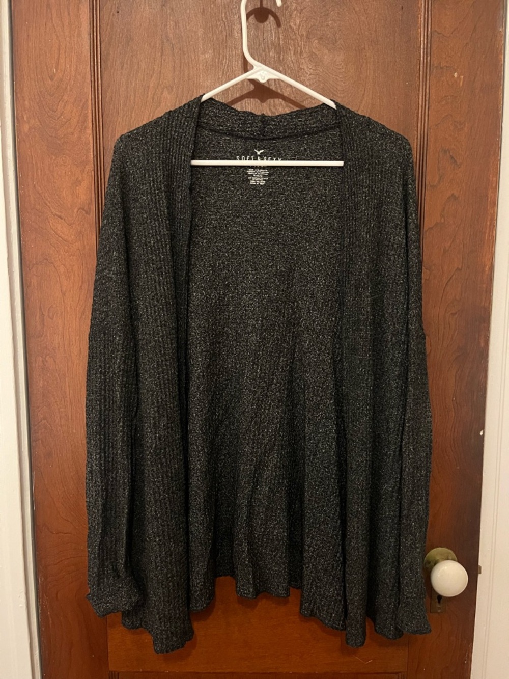 American Eagle Outfitters Charcoal Black Open-Front Ribbed Cardigan